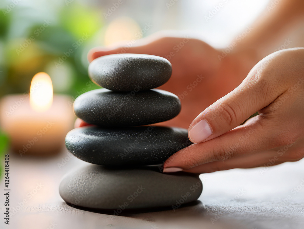 Aufkleber balanced pebble stack with gentle hand in serenity and calm spa environment