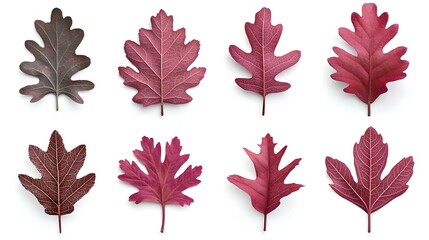 Collection of Red, Pink and Purple Autumn Oak Leaves on White Background