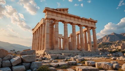 Ancient Greek Temple Ruins at Sunset, Majestic Columns and Stone Blocks, Historical Site in Greece