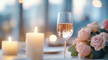 Romantic dinner rose bouquet, wine, candles