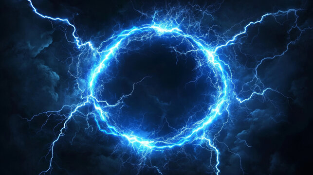Blue thunder bolt light and electric energy discharge in form of circle on black background. Realistic 3d vector illustration round frame from storm lightning power effect. Thunderbolt strike border.