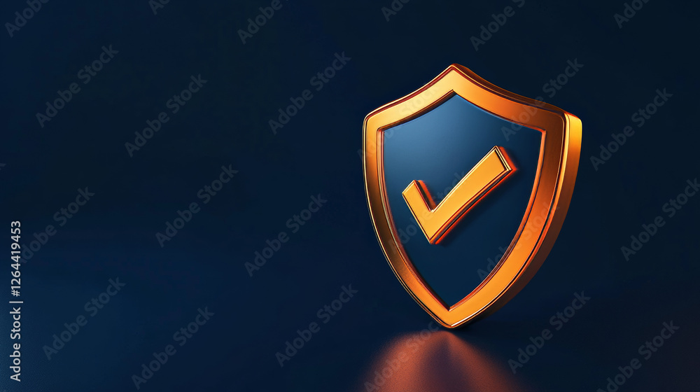 Poster 3d shield icon with safety check badge vector. secure tick mark for quality guard guarantee. isolate
