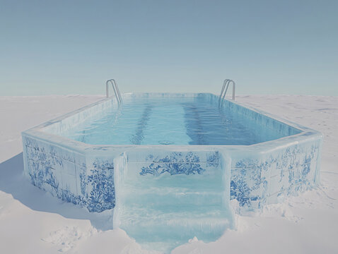 a frozen swimming pool covered in ice, situated in a snowy landscape with no visible plants or animals. The pool has icy stairs and railings, and the water inside is clear and blue.