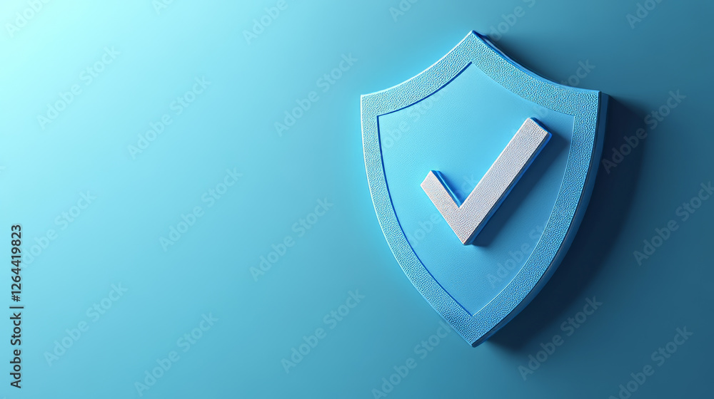 Poster 3d shield icon with safety check badge vector. secure tick mark for quality guard guarantee. isolate
