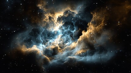 Fototapeta premium A nebula in space, glowing with blue and gold hues, surrounded by stars. The cloud of gas is dense and swirling around the center, creating an ethereal atmosphere. 