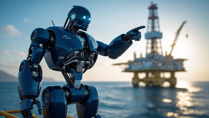 robot, droid, oil rig, pointing robot, oil rig, sea rig, technology, future, modern, machinery, industry, import, export, fuel, desert rig, sea, sand, ocean, oil, electricity, illustration, electronic