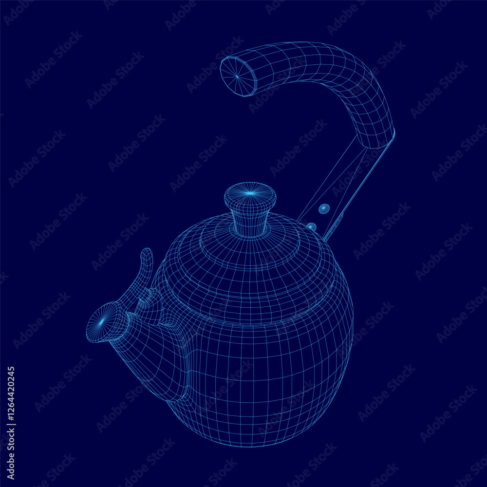 Poster a blue image of a teapot with a handle and spout. the teapot is shown in a 3d format, giving it a mo