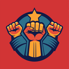 Protest fist with lightning. People protesting for human rights, equality anti-discrimination movement. Clenched fist raised up. Gym logo. Vector illustration.