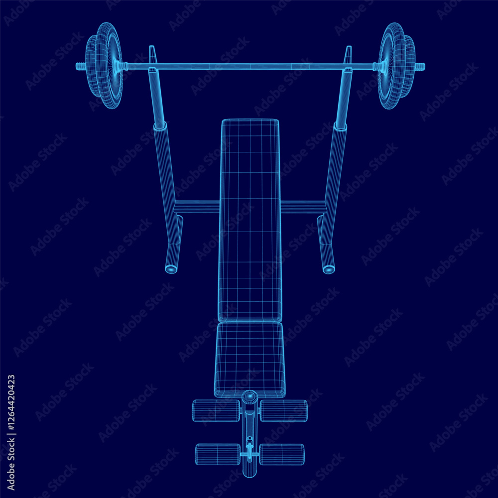 Poster a blue drawing of a weight bench with a pair of dumbbells on top. the bench is empty and the dumbbel