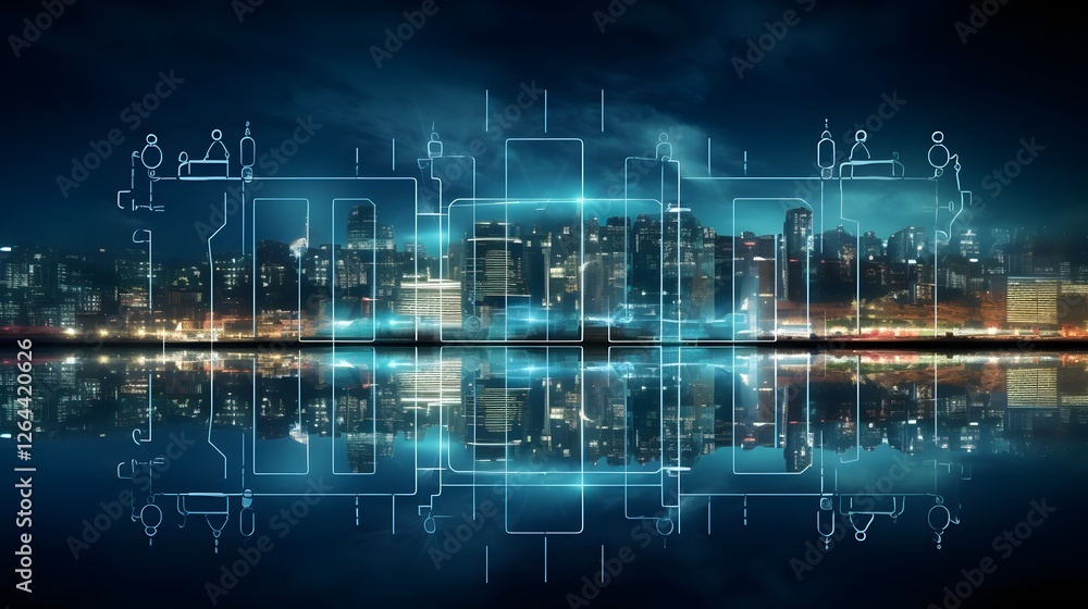 Poster futuristic skyline of a smart technologically advanced city protected by an invisible cybersecurity 