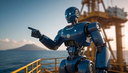 Fototapeta premium robot, droid, oil rig, pointing robot, oil rig, sea rig, technology, future, modern, machinery, industry, import, export, fuel, desert rig, sea, sand, ocean, oil, electricity, illustration, electronic