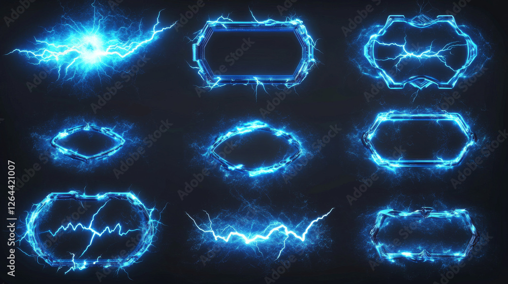 Aufkleber lightning frames, blue electric borders of rectangular and square shapes with thunder bolt effect. i
