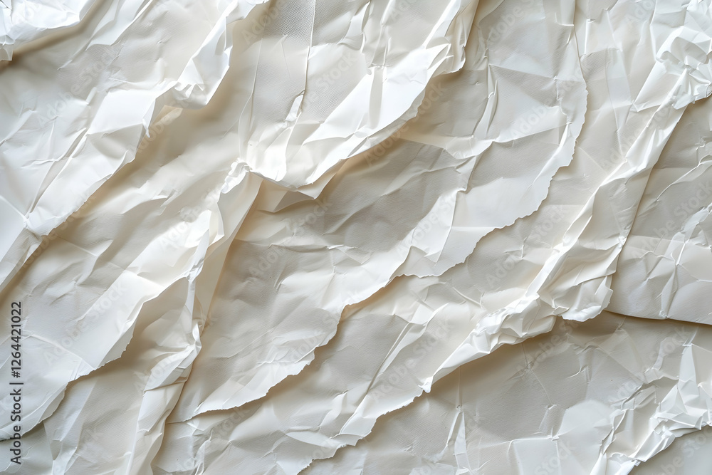 Poster crumpled white paper texture with intricate folds and shadows, ideal for backgrounds and design proj