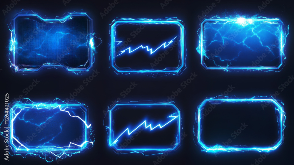 Poster lightning frames, blue electric borders of rectangular and square shapes with thunder bolt effect. i