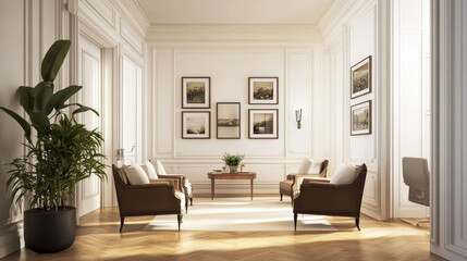 Room interior with white classic wall panel and wooden floor. Light background with luxury elegant molding frames. Realistic 3d vector illustration of home or office design with moulding and parquet