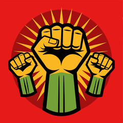 Protest fist with lightning. People protesting for human rights, equality anti-discrimination movement. Clenched fist raised up. Gym logo. Vector illustration.