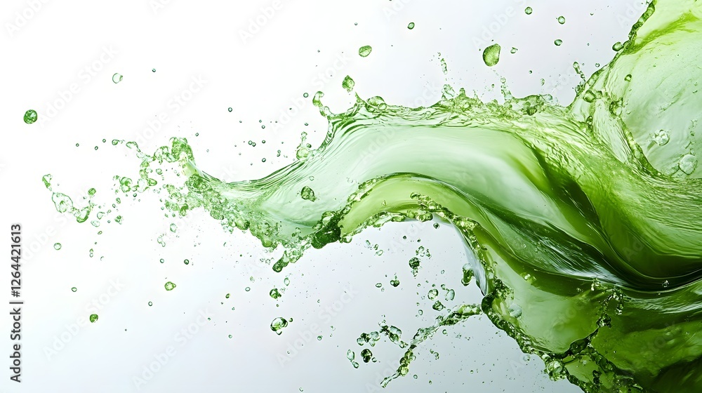 Poster Vibrant Green Liquid Splash with Flowing Waves and Swirls against Clean White Background Creating a Dynamic and Refreshing Abstract Design