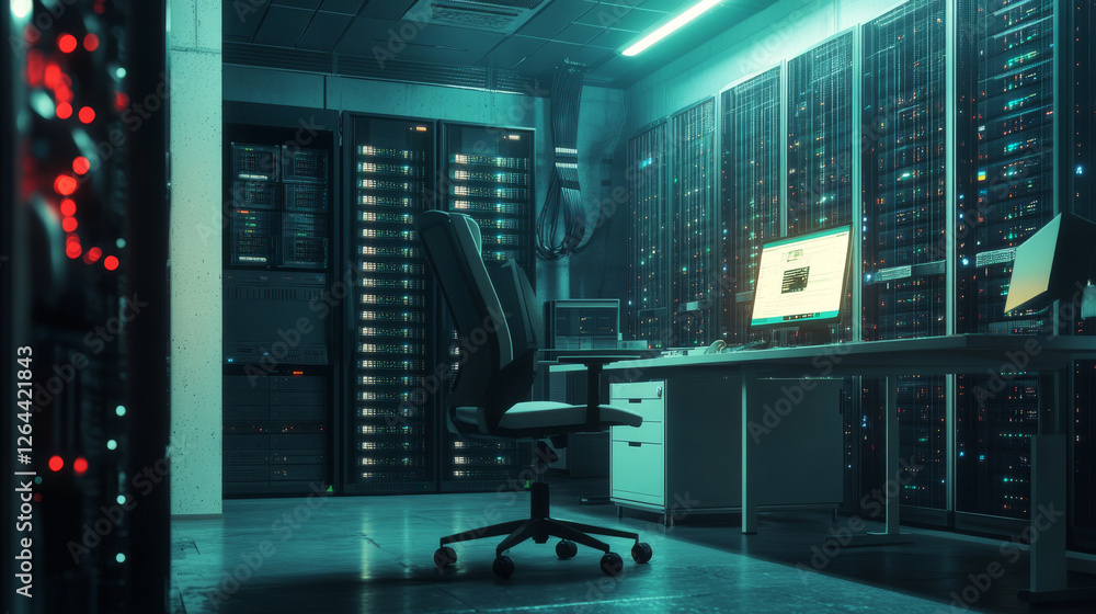Aufkleber data center room with server hardware, chair and desk with computer monitors. vector cartoon interio
