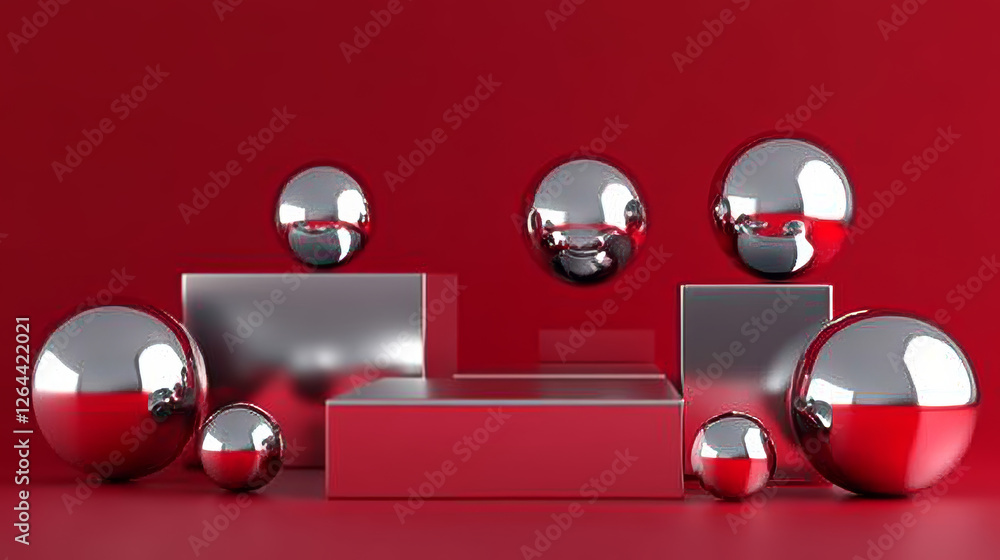 Poster minimalist geometric cube podiums of different height on red studio setup background. realistic glos