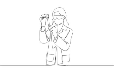 Continuous one line drawing of female scientist holding test tube, scientific experiment, laboratory research concept, single line art