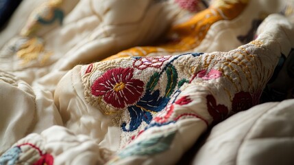 Detailed Embroidery on Soft Fabric with Vibrant Floral Patterns