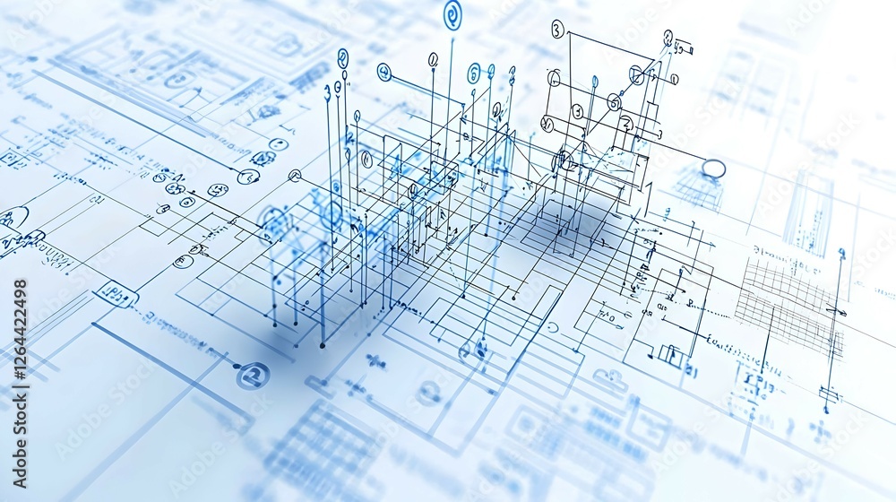Aufkleber abstract 3d model visualization on technical blueprint
