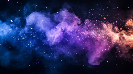 Star explosion with glow, smoke and sparkles. Magic burst effect with bright purple light, blue sparks and steam isolated on transparent background, vector realistic illustration