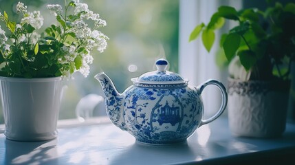 Elegant Blue and White Teapot on Windowsill with Fresh Green Plants