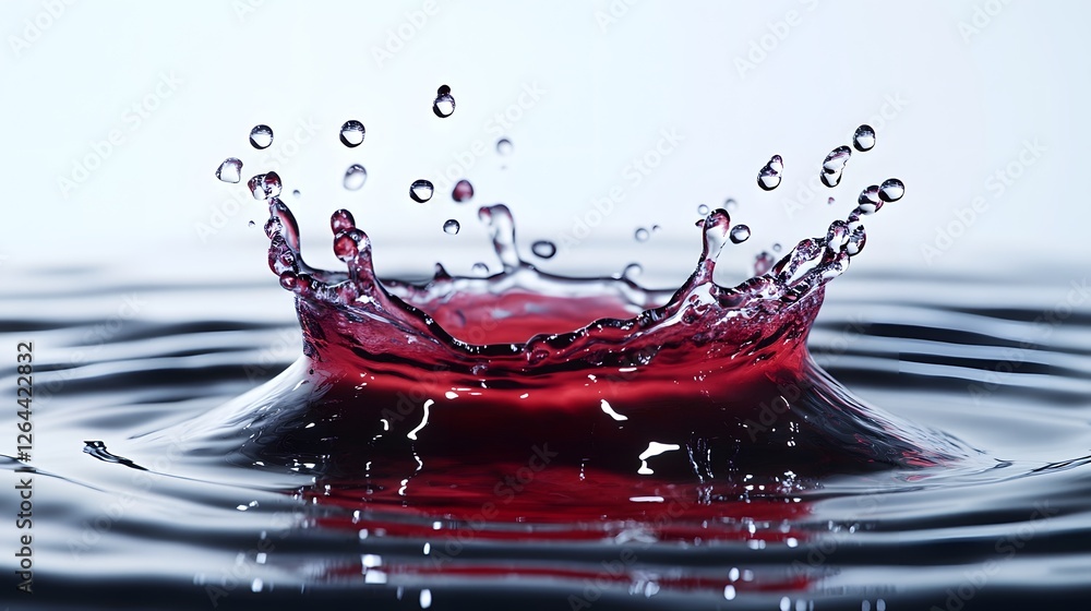 Aufkleber Vibrant red water splash with dynamic droplets bubbles and ripples creating a captivating abstract pattern on a reflective transparent surface  Showcasing the beauty and energy of liquid in motion