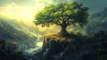 Fototapeta premium Deforestation, nature disaster, chopping forest concept. Tree stumps and bare trunks on deserted area with mountains view. Save nature, environment protection, Earth day, cartoon vector illustration