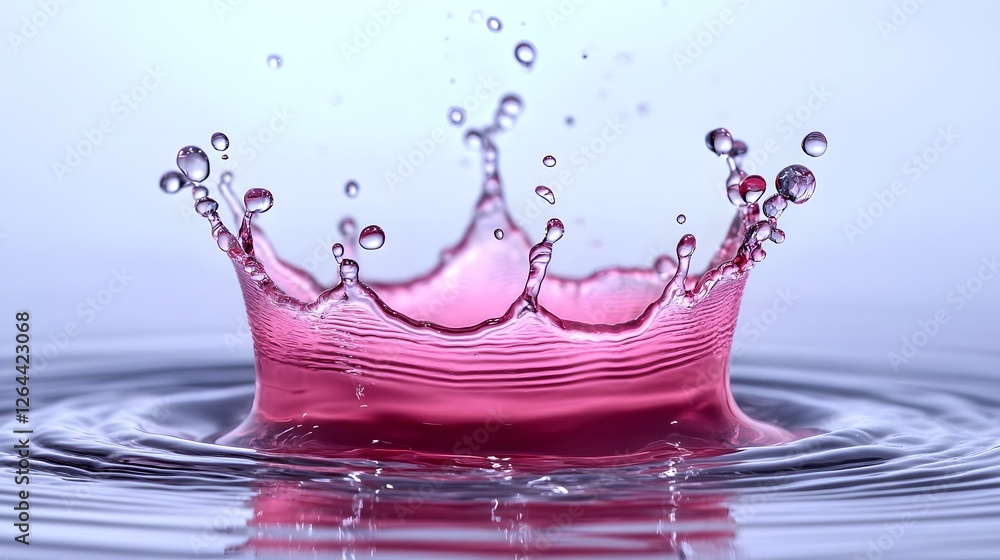 Poster Vibrant red water splash creating an elegant crown like liquid form with dynamic motion and ripples on a reflective transparent surface