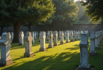 German Military Cemetery with Stone Crosses and Sun Rays