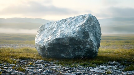 Towering monolithic mountain rock standing solitary and imposing in a vast empty field with a soft ethereal sky gradient in the background  A captivating