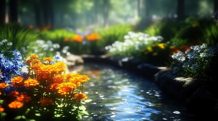Sunny stream flows through vibrant garden