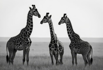 Obraz premium Giraffe Trio Standing Alert in Grayscale Savanna Field