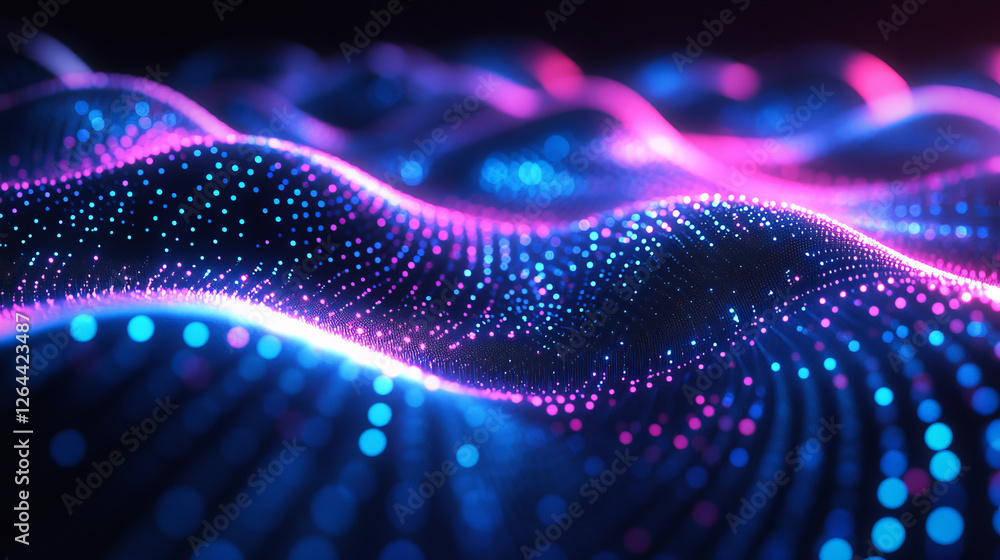 Poster neon glow dots in form of triangular tunnel of blue and purple gradient color on black background. r