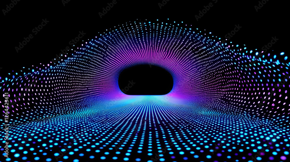 Poster neon glow dots in form of triangular tunnel of blue and purple gradient color on black background. r
