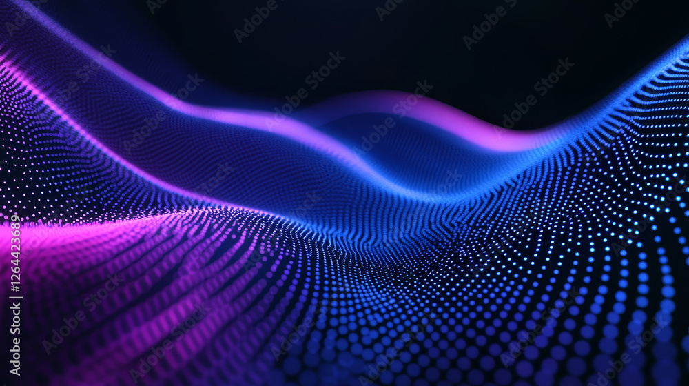 Poster neon glow dots in form of triangular tunnel of blue and purple gradient color on black background. r