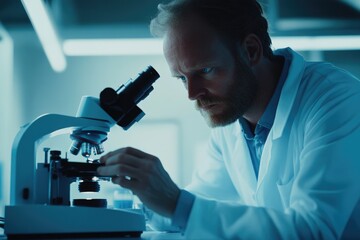 A focused scientist meticulously examines a sample under a microscope in a modern laboratory setting.