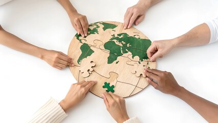 Green business corporate put jigsaw together for sustainable environment development goal. Group of volunteers help solve environmental problem together to net zero. World environment day, ESG concept