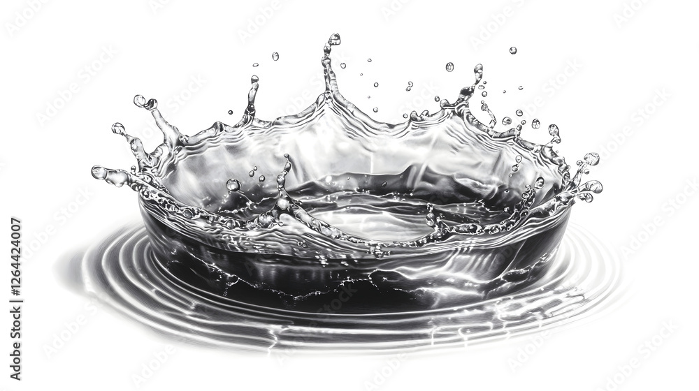 Poster Visually striking water splash with intricate ripples bubbles and transparent liquid against a clean simple background  This dynamic and abstract image captures the beauty and motion of water