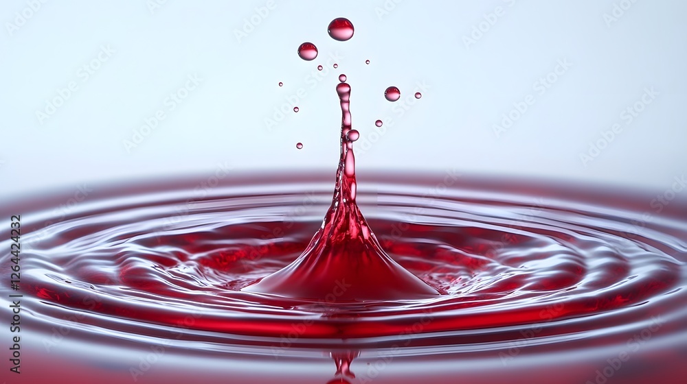 Poster Vivid red liquid splash creating dynamic ripple effect with water droplets and bubbles on smooth reflective surface  Abstract colorful background with flowing energetic water movement and vibrant