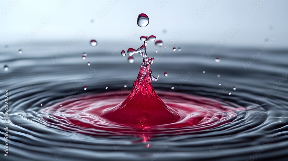 Poster Vivid red liquid creating a mesmerizing splash and ripple pattern on the water surface  The dynamic