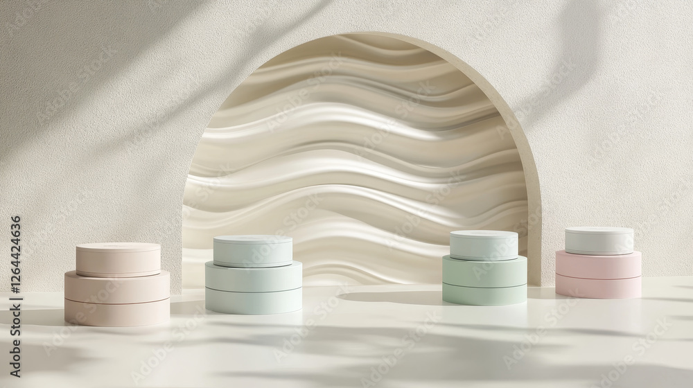 Aufkleber pastel product podium behind window in wall with decorative wave surface. realistic 3d vector illust