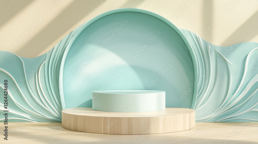 Poster pastel product podium behind window in wall with decorative wave surface. realistic 3d vector illust
