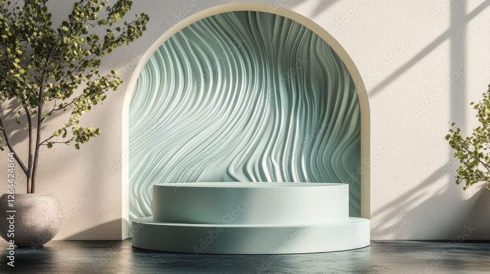 Poster pastel product podium behind window in wall with decorative wave surface. realistic 3d vector illust