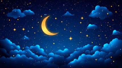 Celestial NightScape:Crescent Moon Glowing Amidst Starlit Clouds