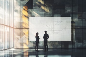 Two business professionals review building plans on a large whiteboard in a modern office space.