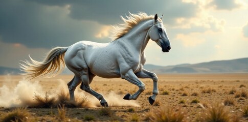 Obraz premium White and black horse in fast motion, horses, white and black, competition