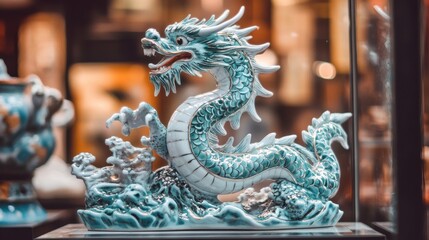 Fototapeta premium Graceful Blue Dragon Sculpture on Display in Art Gallery